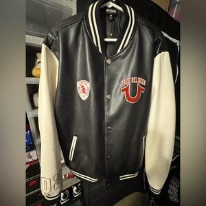 True Religion Black and Cream Leather Varsity Jacket
